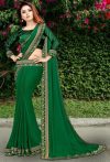 HNC Retail Temple Border Bollywood Lycra Blend, Chiffon Saree(Green, Black)