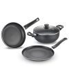 Prestige Svachh Byk Set Aluminium Non Stick Cookware, Omni Tawa Dia 28 Cm -1 Unit, Fry Pan Dia 24 Cm – 1 Unit, Kadai with Glass Lid Dia 24 cm -1 Unit