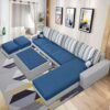 CASASTYLE Adona 8 Seater Fabric RHS Sectional L Shape Sofa Set with Centre Table & 2 Puffy (Dark Blue- Light Grey)