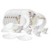 Larah by Borosil Oak Fluted Series Opalware Dinner Set | 31 Pieces for Family of 6 | Microwave & Dishwasher Safe | Bone-Ash Free | Crockery Set for Dining & Gifting | Plates & Bowls | White, Leaf