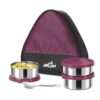 MILTON Trident Stainless Steel Lunch Box (3 Leak Proof Round Containers, 320 ml Each, 1 Spoon) with Insulated Jacket, Maroon | Tiffin | Food Grade | Easy to Carry | Odour Proof