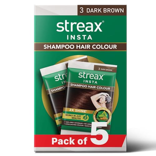 Streax Insta Shampoo Hair Colour for Women and Men, Dark Brown- Pack of 5 | 100% grey coverage in 5 minutes | Long lasting, easy to use