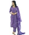 MEERA FAB Women’s Cotton Printed Straight Kurta With Palazzo & Dupatta Set, Purple Large