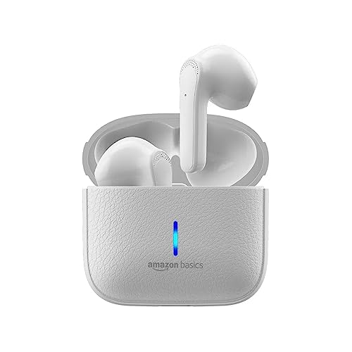 Amazon Basics True Wireless in-Ear Earbuds with Mic, 10MM Dual Drivers, Up to 56ms Low Latency, IPX5 Sweat & Water Resistant, Bluetooth 5.3, Up to 30 Hours Play Time, Fast Charging (White)