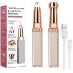 2-in-1 Eyebrow Trimmer & Facial Hair Remover for Women | Rechargeable Epilator with Built-in Ring Light | Face, Upper Lips, Chin, Nose, and Cheeks Hair Removal Tool (Gold)
