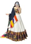 Kirpa Creations Women’s Fully Stitched Rayon Cotton Lehenga Choli Set with Real Mirror Gamthi Work | 6m Flair | Stitched Blouse with Dori Closure | Black Dupatta with Multicolor Border | (White)