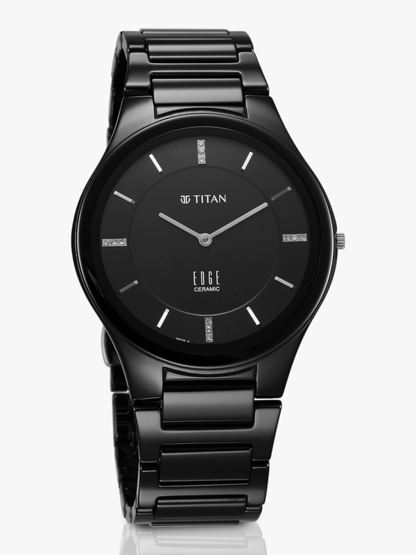 Titan Edge Ceramic Quartz in Glossy Black with Diamonds and Black Dial Analog Watch  – For Men