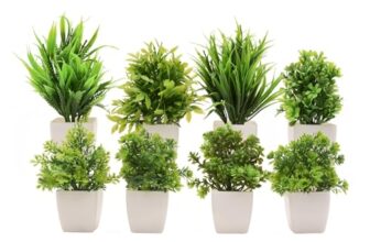 MIMICROPS Artificial Plants with Pot 8 Pack | Realistic Looking | Multi Variety | Durable Plastic | No Maintenance | Home Decor | Dimensions: 5 cm X 15 cm (Pack of 8)
