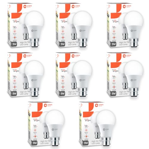 Orient Electric 9W High Glow LED bulb| 180-degree wide beam angle| Voltage surge protection up to 4 kV| 6500K, Cool White| B22d base| Made in India| Pack of 8