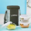 Larah Glassware Gracia Glass Lunchbox with Bag | 3pc Square Container Set (320 ml Each) | Microwave & Dishwasher Safe, Leakproof | Tiffin for Office, School, College | Green