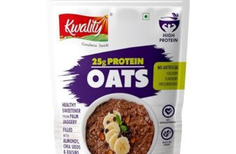 Kwality 25g High Protein Oats 400g | Multigrain Rolled Oats with Whey & Soy Protein | No Refined Sugar | With Almonds, Raisins, Pumpkin & Chia Seeds | High Fiber | Gluten Free | Quick Breakfast for Weight Loss & Fitness