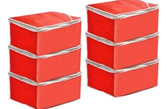 PrettyKrafts Saree Cover Big Size/Wardrobe Organiser/Clothes Storage Bag | Storage Organizer Bag | Zip Closure and Transparent Front | Clothes Storage Bag | Set of 6, Red | Size: 40 x 35 x 20 cm