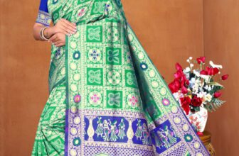 Paul Sharee Centre Embroidered Banarasi Art Silk Saree(Green, Blue)