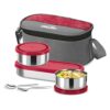 MILTON Master Lunch Box with Insulated Fabric Jacket, 3 Containers (1 Oval Stainless Steel 450 ml, 2 Stainless Steel 280 ml Each Spoon & Fork), Leak-Proof Tiffin for Office, School, College, Red