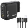 Ambrane 100W Charger Adapter, 4 Ports – 3 Type C & 1 USB for iPhone & Android, MacBook & Type C Laptop, (RAAP H100, Black) & Ambrane 3 in 1 Mobile Charing Cable