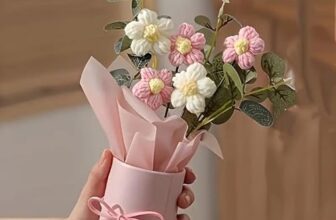 Riyenio Flower Bouquet Pot with Hand Bag | Artificial Flowers Bunch | Crochet Flowers Bouquet Decorative Tabletop Flower Arrangement | Gift for Girls Home Decor,Gifting (Pink and White Flower)