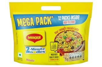 MAGGI 2-Minute Instant Noodles, Masala Noodles With Goodness Of Iron, Made With Choicest Quality Spices, Favourite Masala Taste, 840/900g Pouch (Pack of 12, 70/75g each) (weight may vary)