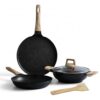 Lifelong 3 Piece Die-Cast Cookware Set With Common Lid & Wooden Spatula| 2.2L Kadhai with Lid 24cm |1.4L Fry Pan 24cm| 1.2L Tawa 28cm| Induction & Gas Compatible |Non-Riveted Handle |Non-Stick Coating