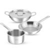 Lifelong Triply Kadai, Frypan & Saucepan for Cooking | Stainless Steel 24 cm Kadai & Fry Pan 22 cm with Lid | 16 cm Sauce Pan | Induction Bottom & Gas Stove Cookware (Silver, LLTPKFPSP01)