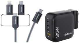 Ambrane 100W Charger Adapter, 4 Ports – 3 Type C & 1 USB for iPhone & Android, MacBook & Type C Laptop, (RAAP H100, Black) & Ambrane 3 in 1 Mobile Charing Cable