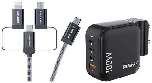 Ambrane 100W Charger Adapter, 4 Ports – 3 Type C & 1 USB for iPhone & Android, MacBook & Type C Laptop, (RAAP H100, Black) & Ambrane 3 in 1 Mobile Charing Cable