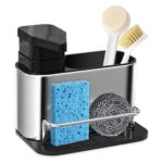 Soap Dispenser with Sponge Holder and Brush Organizer, Countertop Sink Caddy with Drain Base