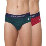 U.S. POLO ASSN. Men Horizontal Stripe Antibacterial EB005 Briefs – Pack of 2 (Bistrogreen-Navy/Navy-Pomogranate L)
