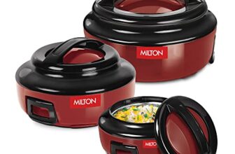 Milton Ernesto Inner Stainless Steel Jr. Casserole Set of 3 (390ml, 720 ml, 1320 ml), Red | Easy to Carry | Serving | Stackable