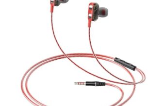 amazon basics in-Ear Wired Earphones with 9 mm Dual Drivers, in-Line Mic, Powerful Bass, Noise Isolation, 3.5 mm Audio Jack (Black and Red)