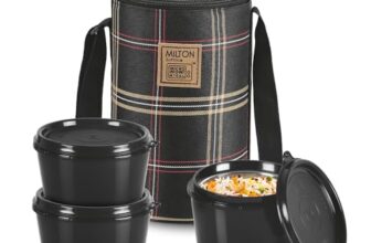 MILTON Lofty Lunch Box with Insulated Fabric Bag, Microwave Safe & Leak Proof, 3 Inner Steel Containers with BPA Free Lids (1 x 320 ml, 2 x 450 ml Each) for Office, School, College – Black