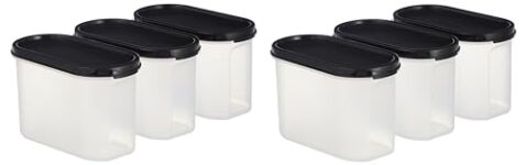 Amazon Brand – Solimo Antimicrobial Modular Plastic Storage Containers with Lid (1200 ml Each) | Stackable | BPA-Free | Microwave Safe | Multipurpose Use for Snacks, Spices, & More (Set of 6) (Black)