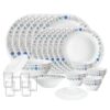 Larah by Borosil Silk Series Blue Iris Opalware Dinner Set with Vision Glass | 35pcs for Family of 6 | Microwave & Dishwasher Safe | Bone-Ash Free | Crockery for Dining & Gifting | White, Plate & Bowl
