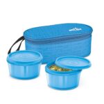 MILTON Graze Lunch Box, 2 Round Inner Steel Microwave Safe Containers 320 ml Each with Insulated Bag, Odour Proof, Tiffin for Office Men, Women, Leak-Proof Containers, Easy to Carry, Blue