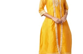 Vishudh Women Mandarin Collar Regular Stright Kurta VNKU010761 Yellow M