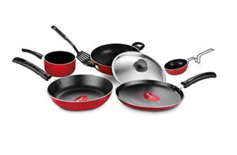 Pigeon Favourite 7 Piece Gift Set Non-Stick Coated Comes with Fry Pan, Kadhai, Lid, Sauce Pan, Spatula, Tadka Pan and a Tawa – Gas Stove Compatible (Red)