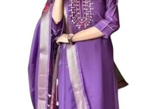Women’s Chanderi Silk Kurti with Rayon Slub Pants & Dupatta | Printed Three-Quarter Sleeve Ethnic Set 6 Purple