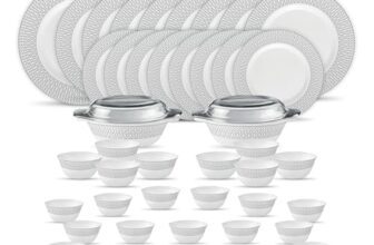 La Opala Diva Velvett Collection Opal Glass Crockery | for Family of 8 | Dinner Set 45 pcs Tudor Grey | Plates & Bowls for Dining | Microwave Safe | 100% Vegetarian | Extra Strong | Light & White