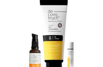 Deconstruct Daily Brightening Shield Trio: Gel sunscreen (50g) + Vitamin C Serum (30ml) + Brightening Lip Balm (4g) No White Cast, Lightweight & Higher protection with sunscreen SPF 50 | Vitamin C Serum for Oily Skin (Pack of 3)