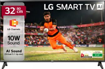 LG LR570 80 cm (32 inch) HD Ready LED Smart WebOS TV with Alpha5 Gen 6 AI Processor 125+ Free LG Channels AI Brightness Control AI Sound (Virtual Surround 5.1 Up-mix) FTA Satellite Port Magic Remote Compatible 60Hz Refresh Rate Alexa Built In Works with Hey Google(32LR570B6LA)
