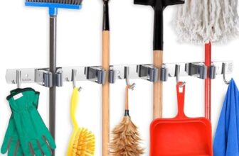 Ternero Mop and Broom Organizer 4 Racks 5 Hooks, Heavy Duty Broom Wall Mount Rake Holder Stainless Steel Tool Hanger for Home, Kitchen, Garage, Garden, Laundry Room, Bathroom Organization