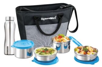 SignoraWare Office Stainless Steel Lunch Box with Bottle | Airtight & Leakproof | Durable | Perfect for Office, School & Outdoor Use (500mlx2 + 380mlx2 + 750ml | Setof5 | TBlue)
