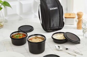 Amazon Brand – Solimo Lunch Box Set with Bag (Office, School & Travel) | 3 Steel Inner Containers (250 ml, 400 ml, and 550 ml) with Cutlery | Microwave Safe | Leakproof – Black