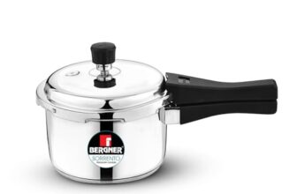 Bergner Sorrento Stainless Steel 3 Litres Outer Lid Pressure Cooker, Pressure Cooker with Heavy Bottom, Easy Open and Close Lid, Healthy Cooking, Easy to Clean – Induction Bottom and Gas Stove Ready