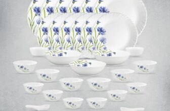 La Opala Opal Glass Crockery | for Family of 6 | Dinner Set 35 pcs Floral Fountain | Plates & Bowls for Dining | Microwave Safe | 100% Vegetarian | Extra Strong | Extra Light & White