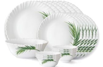 Larah by Borosil Crescent Fluted Series Opalware Dinner Set | 19 Pieces for Family of 6 | Microwave & Dishwasher Safe | Bone-Ash Free | Crockery Set for Dining & Gifting | Plates & Bowls | White