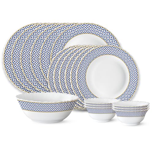 CELLO Tropical Lagoon Dazzle Series Opalware Dinner Set of 18 Pieces For Family of 6 | Bone-Ash Free & Leadfree Opal Glass, Microwave & Dishwasher Safe Plates & Bowls Crockery Set For Dining & Gifting