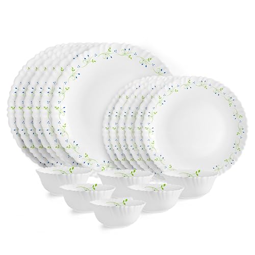 Larah by Borosil Juliet Fluted Series Opalware Dinner Set | 19 Pieces for Family of 6 | Microwave & Dishwasher Safe | Bone-Ash Free | Crockery Set for Dining & Gifting | Plates & Bowls | White
