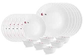 CELLO Lush Fiesta Dazzle Series Opalware Dinner Set of 18 Pieces for Family of 2 | Bone-Ash Free & Leadfree Opal Glass, Microwave & Dishwasher Safe, Plates & Bowls Crockery Set for Dining & Gifting