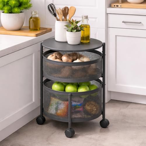 HomeWiz 4-Layer Round Kitchen Trolley | Movable Storage Organizer for Fruits & Vegetables | Perforated Mesh Baskets with Solid Flat Top | Multipurpose Rack for Onion & Potato | Rust-Resistant | Black