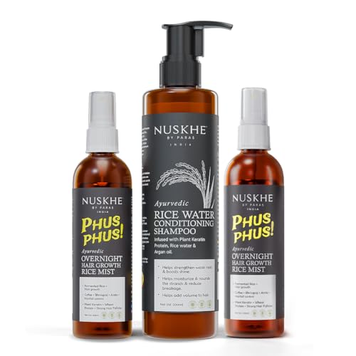 Nuskhe by Paras | Ayurvedic Rice Water Conditioning Shampoo | With Coffee, Bhringraj, Amla & Argan Oil | Helps Reduce Hair Fall, Strengthen Roots & Add Volume | For All Hair Types | 200ml